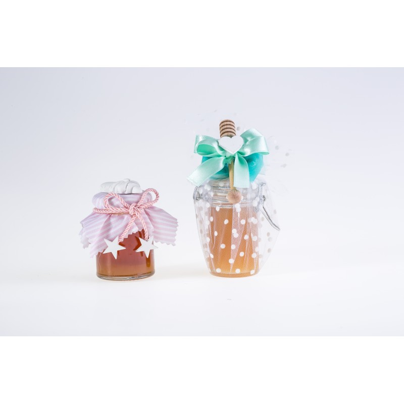 Bomboniera miele millefiori in vaso da 125g con confetti e spargimiele in  legno